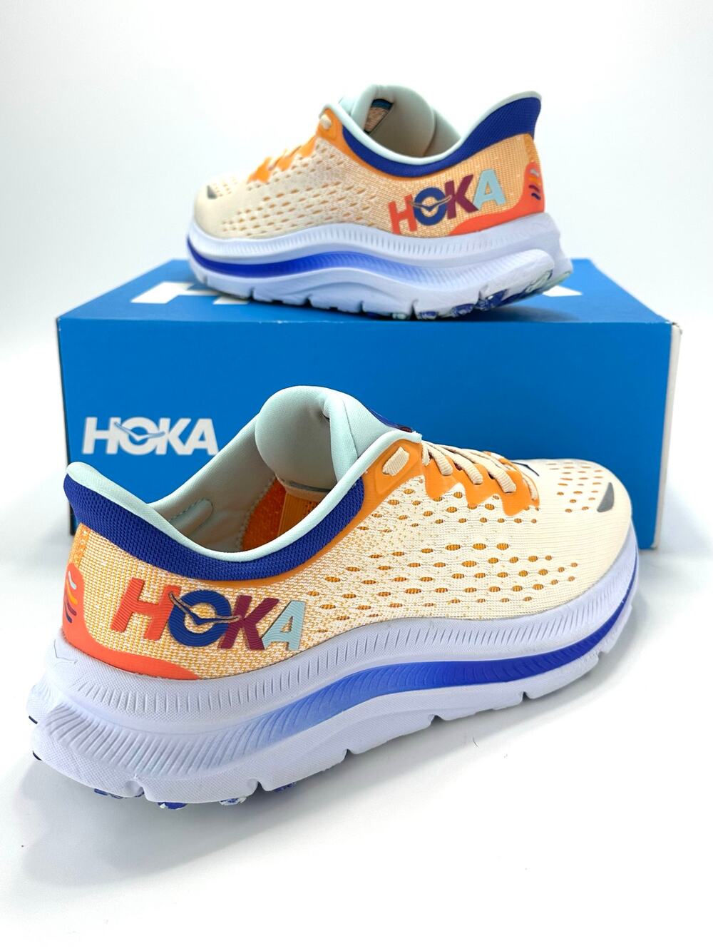 Hoka One One Kawana Wn Running Shoe/Sneaker Sz 9.5 B Orange Blue White Athletic